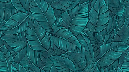 Teal Banana Leaf Pattern Background, Seamless Texture, Tropical Design