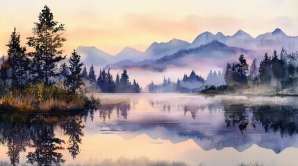Soft hues of orange and purple emerge as the sun rises over a peaceful lake. Mist hovers above the water, reflecting the surrounding evergreen trees and distant mountains