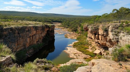 A dramatic canyon landscape in Australia, where rivers carve through vibrant rock layers.