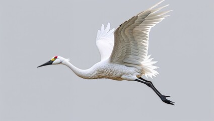 Obraz premium Whooping crane flying with wide open wings on light grey background