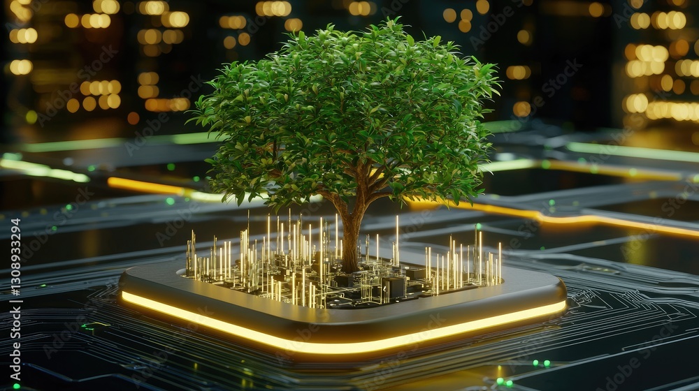 Poster a futuristic concept of a tree embedded into a high-tech motherboard, glowing with digital energy.