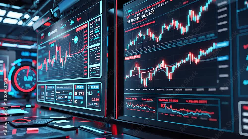 Poster futuristic stock market trading screens with digital data charts and high-tech financial analytics i