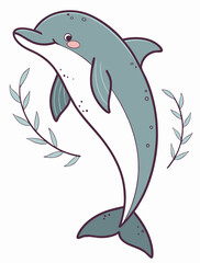 Obraz premium Enchanting ocean world: charming dolphin on a white background for a kid's room 