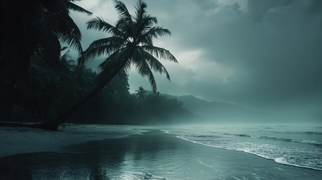 A palm tree is on a beach with a cloudy sky in the background