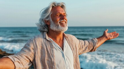 A man with white hair is smiling and standing on a beach