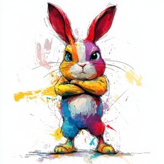 Fototapeta premium A colorful, stylized rabbit stands confidently with arms crossed, showcasing a vibrant artistic design and a playful yet assertive demeanor.