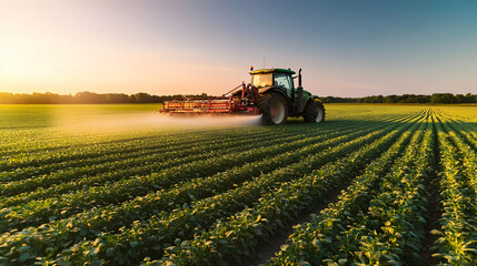 Tractor Spraying Crops In A Green Field At Sunset With Golden Light