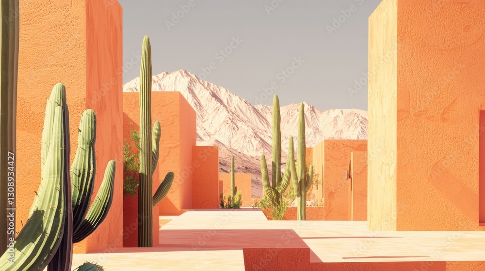 Poster a desert scene with a mountain in the background and a row of cacti