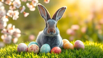 Festive Easter Scene Rabbit and Decorated Eggs in Floral Meadow