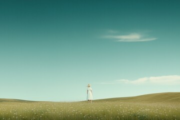Fototapeta premium Woman walking through a serene green meadow under a clear blue sky during a peaceful afternoon in spring