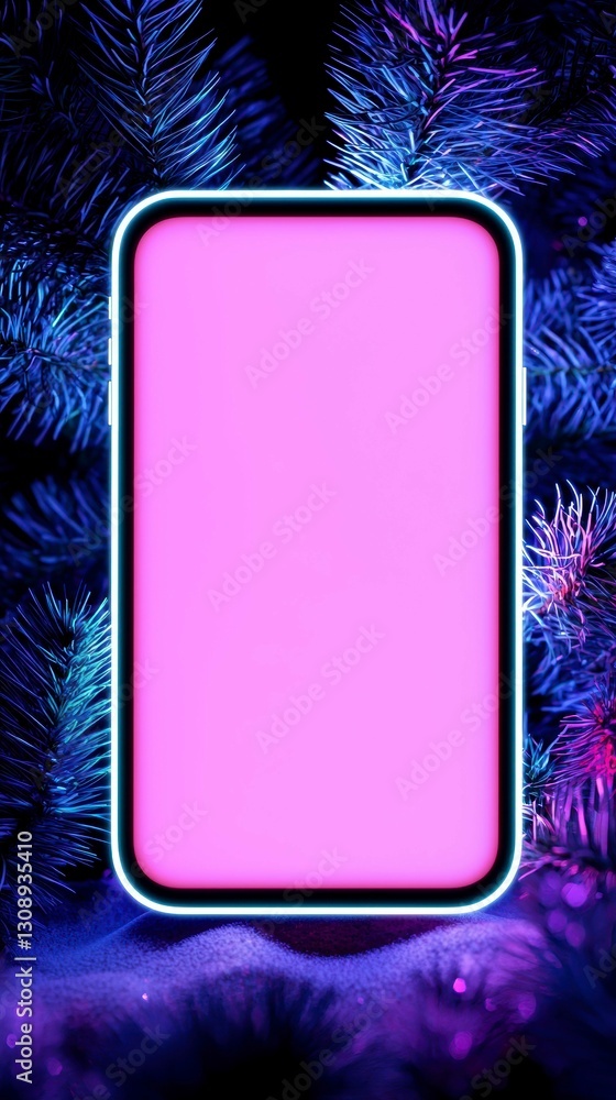 Aufkleber digital device neon frame display against blue pine branches and snowy surface mockup presentation