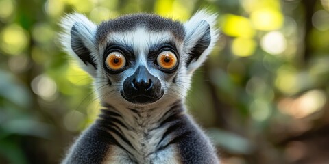 Ring tailed lemur staring with large orange eyes in a blurred green forest