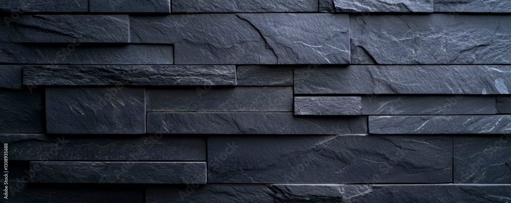 Poster dark slate stone brick wall texture background with horizontal linear pattern and natural surface