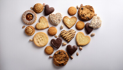 Chocolate vanilla cookies forming a heart symbol isolated on a white studio background wallpaper