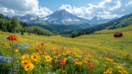 Fototapeta premium A panoramic view of a mountain valley filled with wildflowers, with a hiking trail winding towards a distant cabin nestled against the forested slopes.