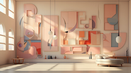Modern abstract wall art in bright living room