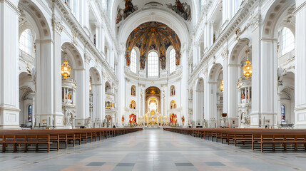 Fototapeta premium Grand interior of a historic church with white columns arches and ornate ceiling details