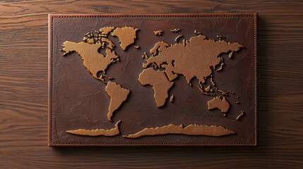 A textured map of the world, crafted in bronze, displayed on a wooden surface, emphasizing global geography and artistic design.