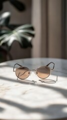 Round Brown Sunglasses Resting on Marble Table