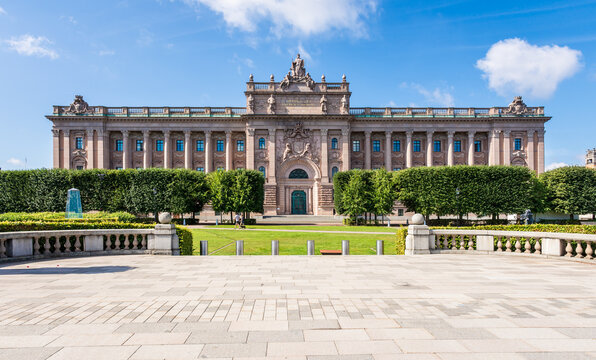 Stockholm, Sweden - August 6, 2024: Eastern facade of the Parliament House, seat of the parliament of Sweden, designed by Aron Johansson in the Neoclassical style and achieved in 1905.