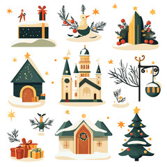 Christmas Village with Cartoon Buildings, Holiday Decor, and Starry Accents