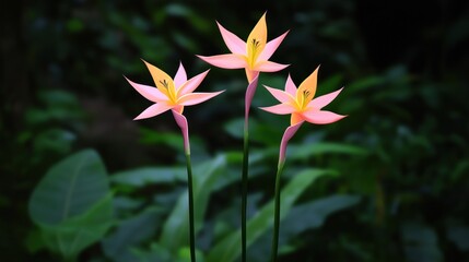 Obraz premium Three vibrant pink flowers in a dark green botanical garden. Possible use Stock photo for nature, floral, or botanical theme