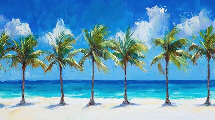 Naklejka premium A painting of palm trees on a beach with a blue sky
