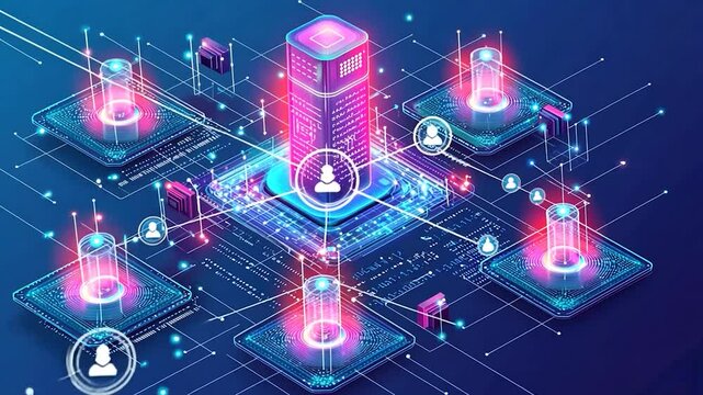 Futuristic digital network with glowing towers and interconnected processors.