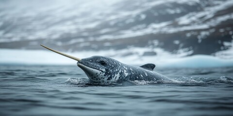 Obraz premium Narwhal swimming in arctic waters showing its tusk