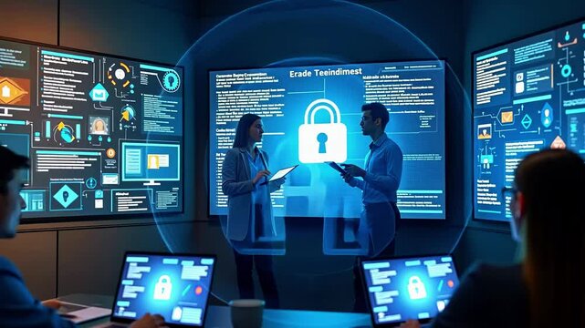 Professionals discussing cybersecurity strategies in a high-tech control room with digital displays