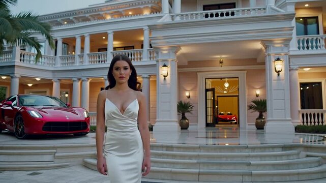 Femme &eacute;l&eacute;gante devant une villa de luxe avec voiture sportive rouge