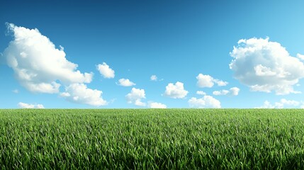 Obraz premium Vibrant Green Grass Field Under a Blue Sky with Fluffy White Clouds