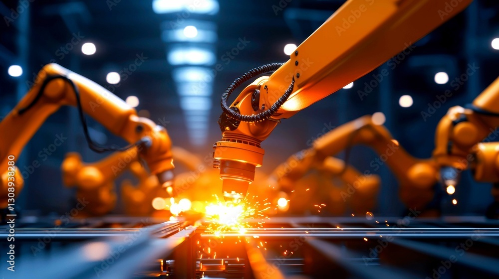 Poster automated robotics arm welding technology sparks in production facility operations efficiency