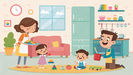 happy family enjoying time together in colorful kitchen. mother serves food, while children play with toys on rug. cheerful atmosphere highlights family bonding
