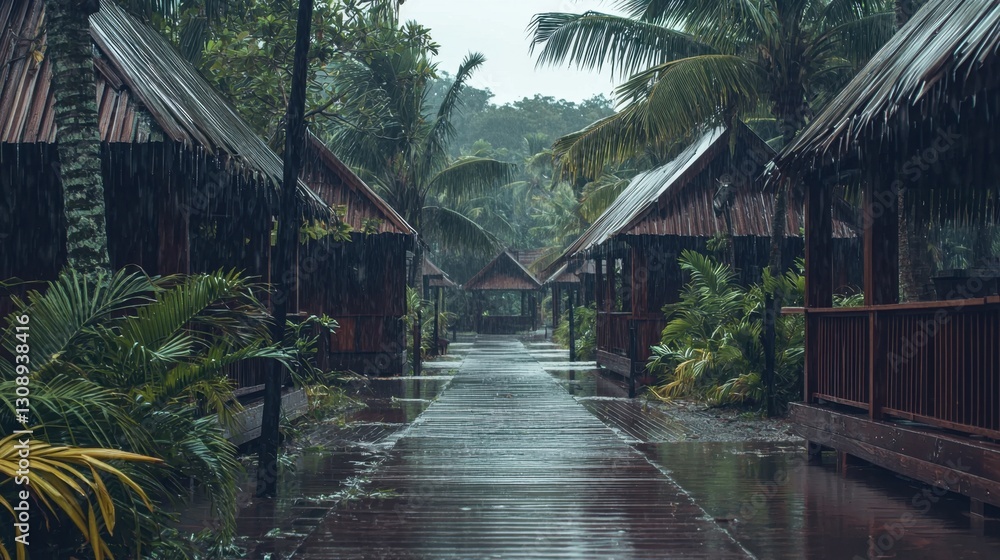 Poster a path is wet and surrounded by palm trees
