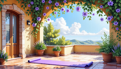 Serene yoga setting on sunlit terrace with blooming vines, wellness, Morning yoga exercise,  World Health Day, Watercolor Style