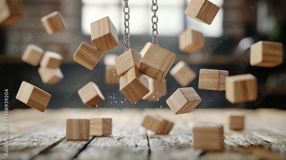 Poster dynamic shot of wooden blocks suspended in motion, creating an abstract, intriguing pattern against 
