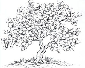 Blooming Tree Drawing, Nature Illustration