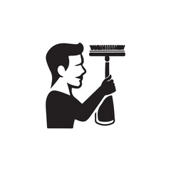 Man Cleaning with a Window Cleaning Brush.A simple, black and white silhouette of a person holding a window cleaning brush.