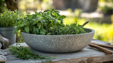 Stone bowl with fresh herbs on garden table, morning light, vibrant greens, wooden tools around, and lush background, close-up shot.