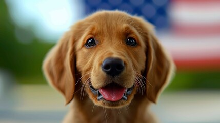 Adorable Golden Retriever Puppy Smiling Against American Flag Backdrop Pet Patriotism Captured