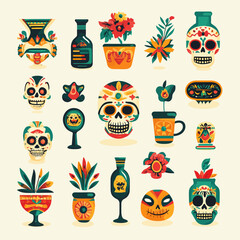 Colorful Sugar Skulls and Floral Arrangements for Day of the Dead