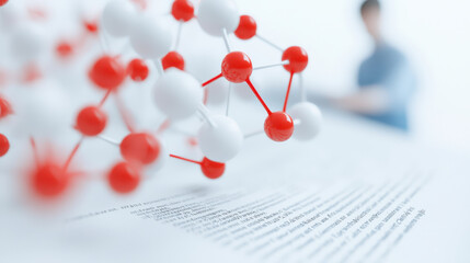 Young scientist with a futuristic concept, Close up of research papers with molecular structure model, showcasing scientific