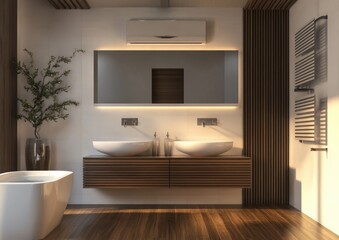 A spacious bathroom featuring two sinks, a toilet, and a bathtub