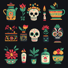 Colorful Day of the Dead floral and skull still life illustration