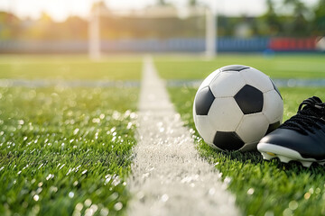 Soccer ball and soccer cleats lying on pitch sideline. Classic football (soccer) ball on green grass ground.  Soccer goal in the background