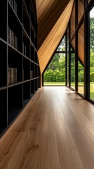 A Frame Window View with Black Bookshelves and Wooden Floors in Modern Contemporary Home Space