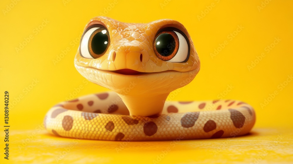 Poster a digital 3d render showcasing a cute, animated snake with polka-dot patterned scales and large expr