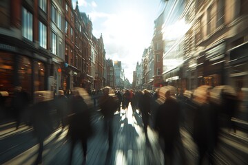 Obraz premium Blurry image of a crowd walking down a city street