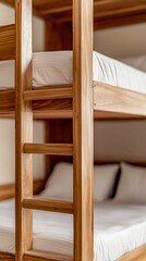 Wooden Bunk Bed Design Featuring Ladder and Comfortable Sleeping Arrangement in Interior Space